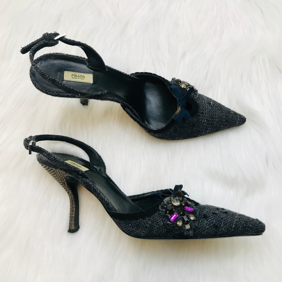PRADA Gray Embellished Kitten Heels - Picture 5 of 8